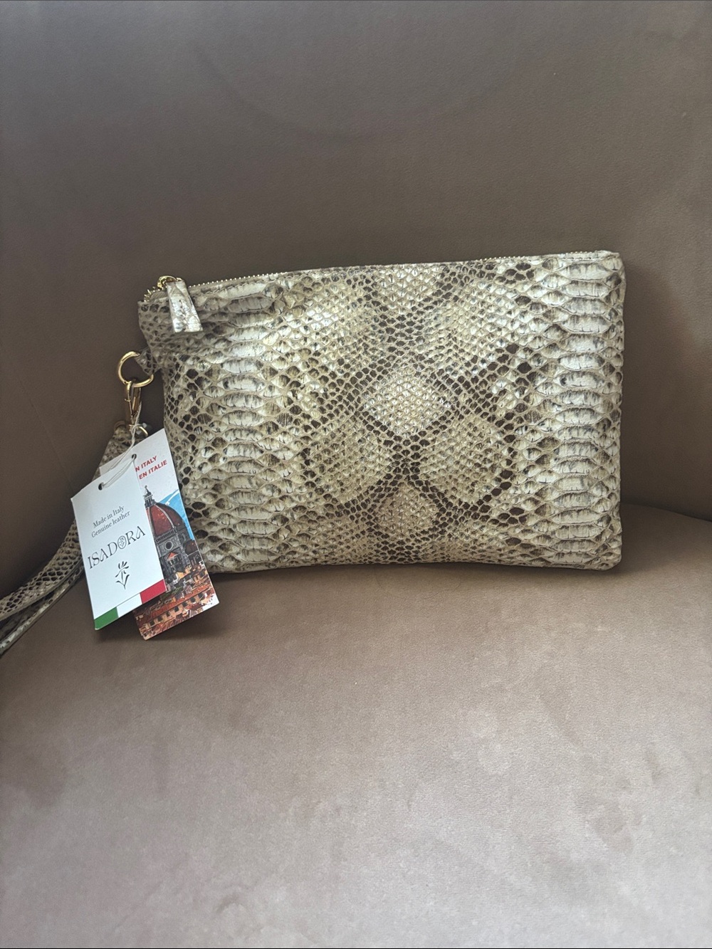 Beige Python-Print Leather Wristlet